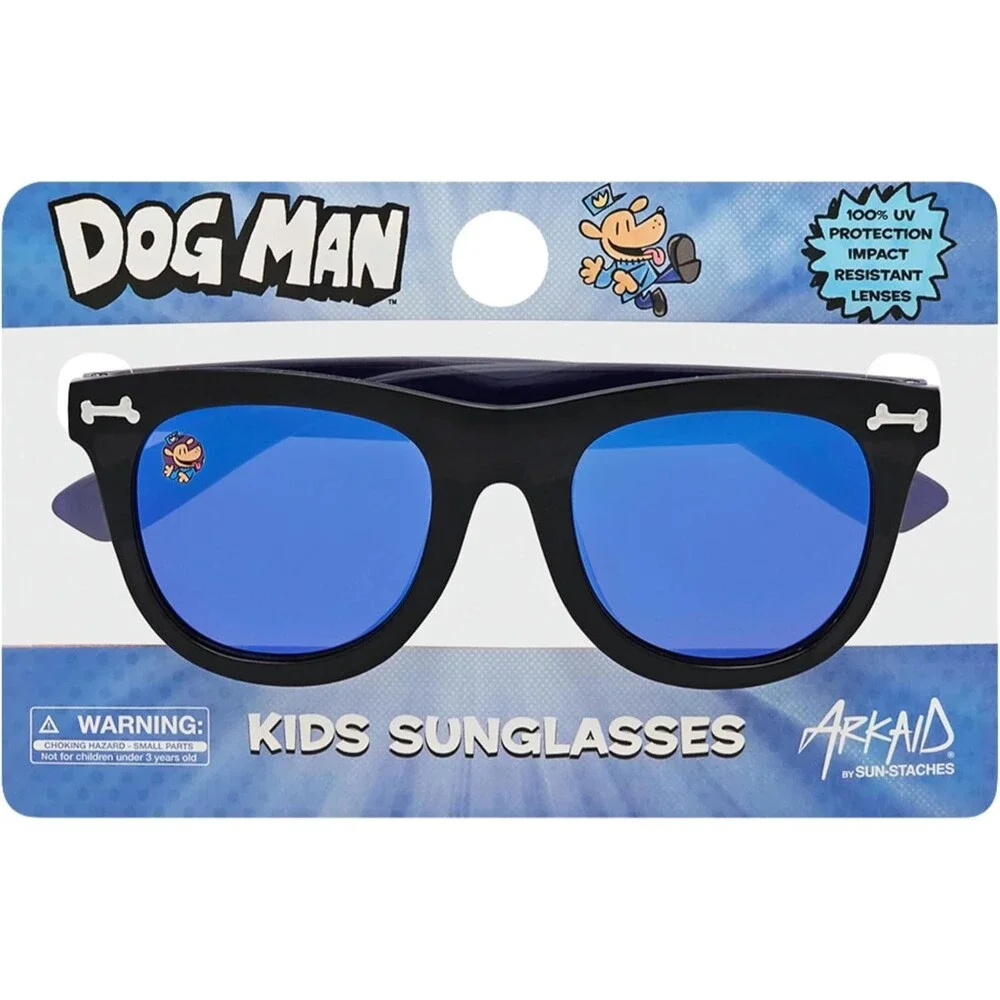 Dog Man Boys Black Horn Rimmed Sunglasses Blue Mirrored Lenses Kids